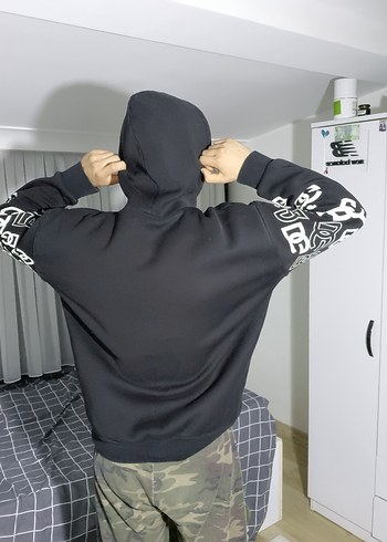 l Beden siyah Renk Siyah Kapüşonlu Baskılı Oversize Sweatshirt