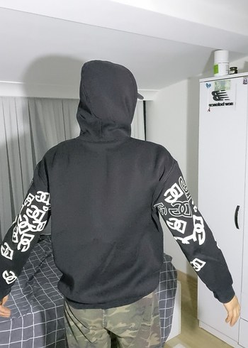 l Beden Siyah Kapüşonlu Baskılı Oversize Sweatshirt
