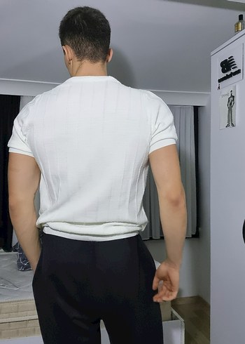 m Beden Erkek Beyaz fitilli Kısa Kollu Pamuklu Tişört