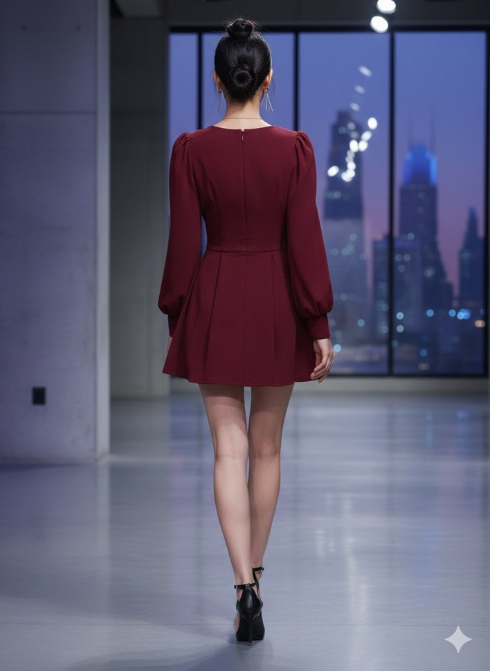 Bordo V Yakalı Drapeli Mini Elbise - Görsel 2