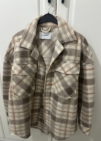 Düğmeli Ekose Desenli Bej Kadın Gömlek - Görsel 2