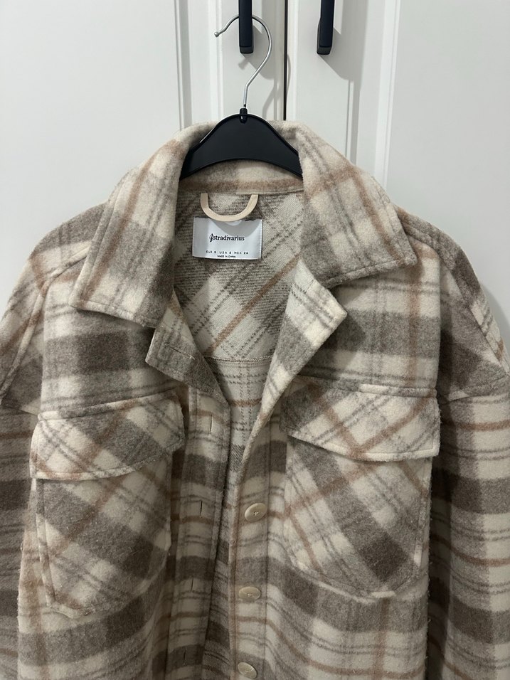 Düğmeli Ekose Desenli Bej Kadın Gömlek - Görsel 4