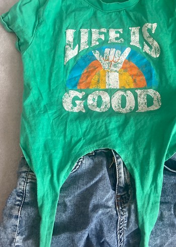 Yeşil Baskılı Kız Tişörtü, Kısa Kollu, Denim Kuşaklı - Görsel 6