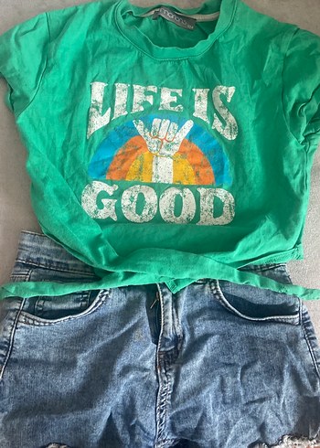 Yeşil Baskılı Kız Tişörtü, Kısa Kollu, Denim Kuşaklı - Görsel 3