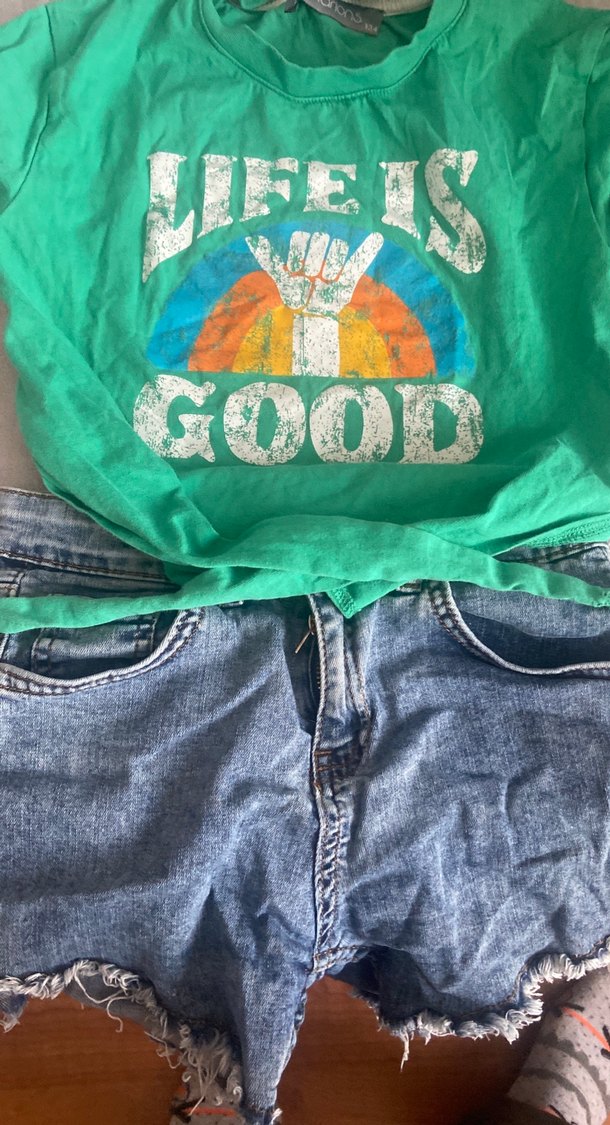 Yeşil Baskılı Kız Tişörtü, Kısa Kollu, Denim Kuşaklı - Görsel 4