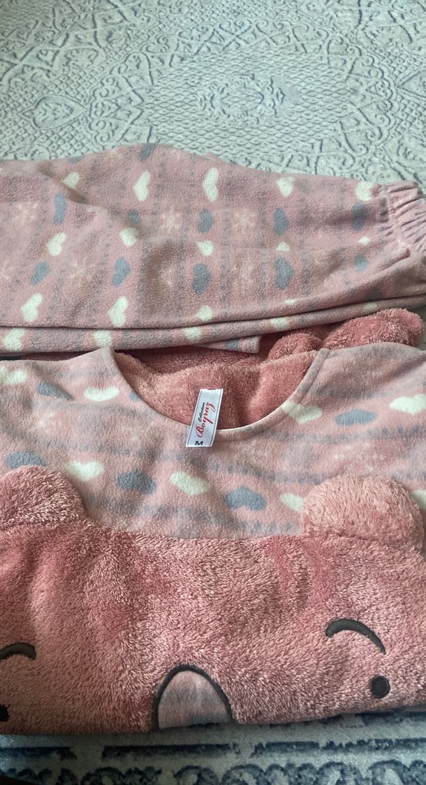Kız Çocuk Pembe Desenli Polar pijama takımı - Görsel 4