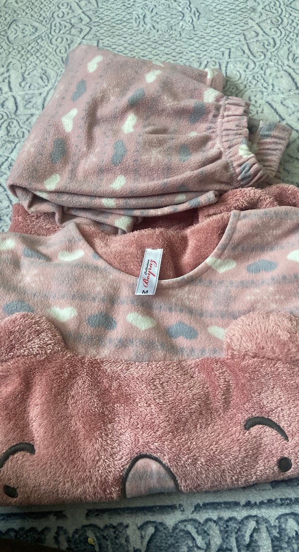 Kız Çocuk Pembe Desenli Polar pijama takımı - Görsel 2