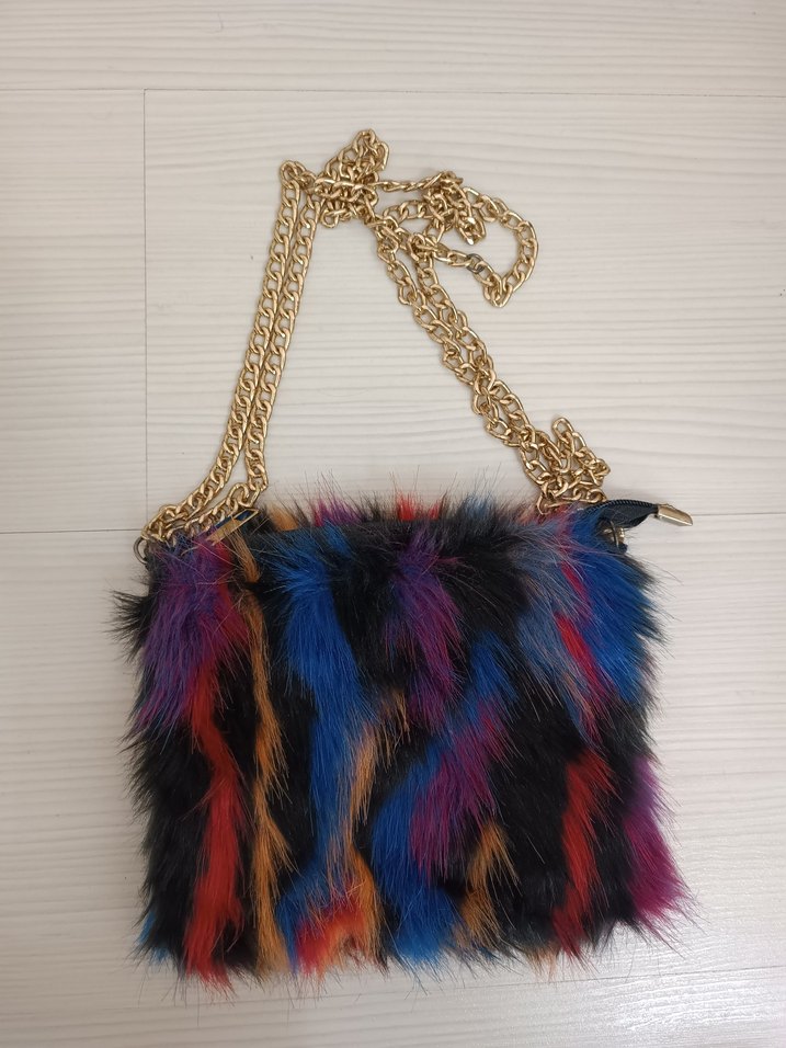 Renkli Tüylü Kadın Çanta Zincirli Askılı - Görsel 2