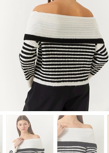 Kadın Çizgili Kayık Yaka Kazak - Görsel 5