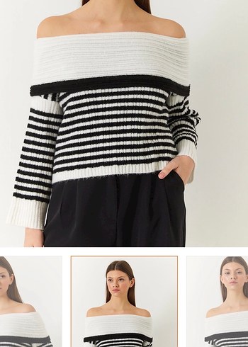 Kadın Çizgili Kayık Yaka Kazak - Görsel 2