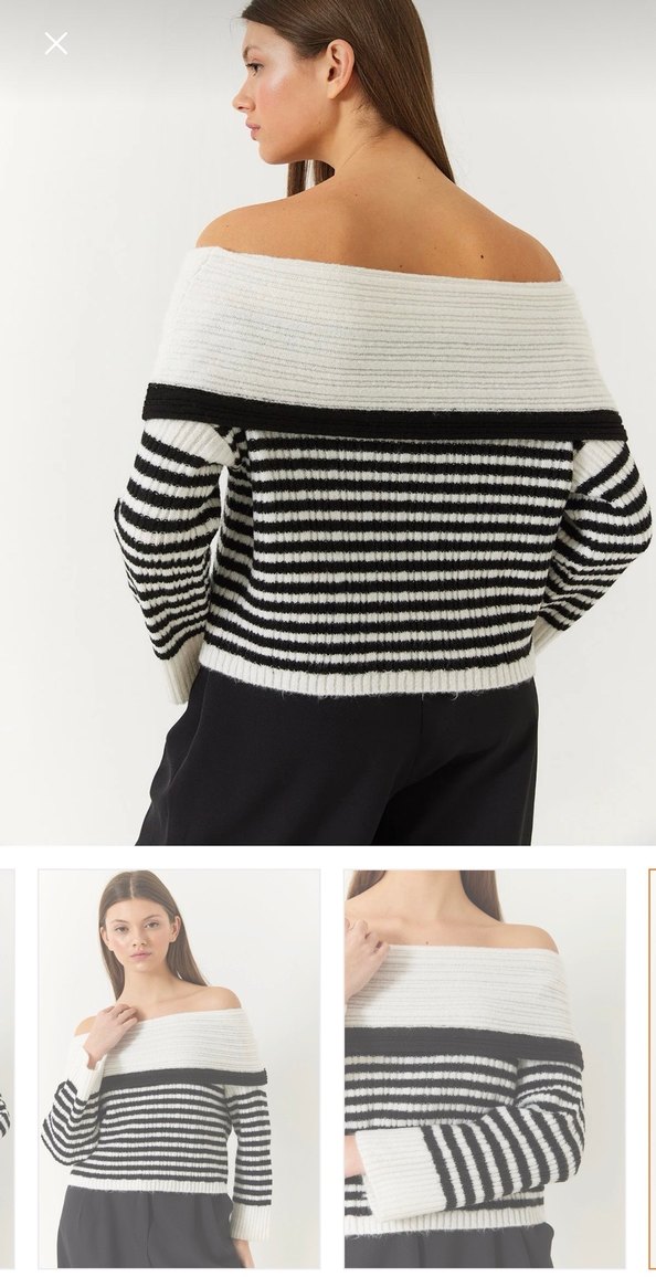 Kadın Çizgili Kayık Yaka Kazak - Görsel 5