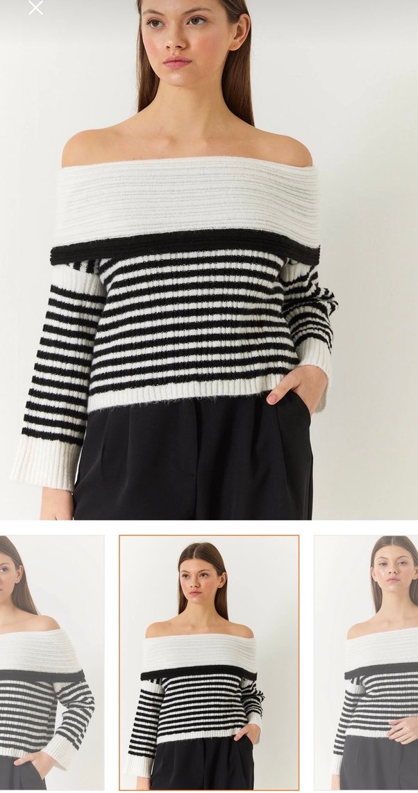 Kadın Çizgili Kayık Yaka Kazak - Görsel 2