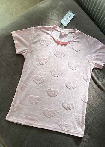 Kadın Toz Pembe ETİKETLİ Kalp Desenli Pijama Takımı - Görsel 2
