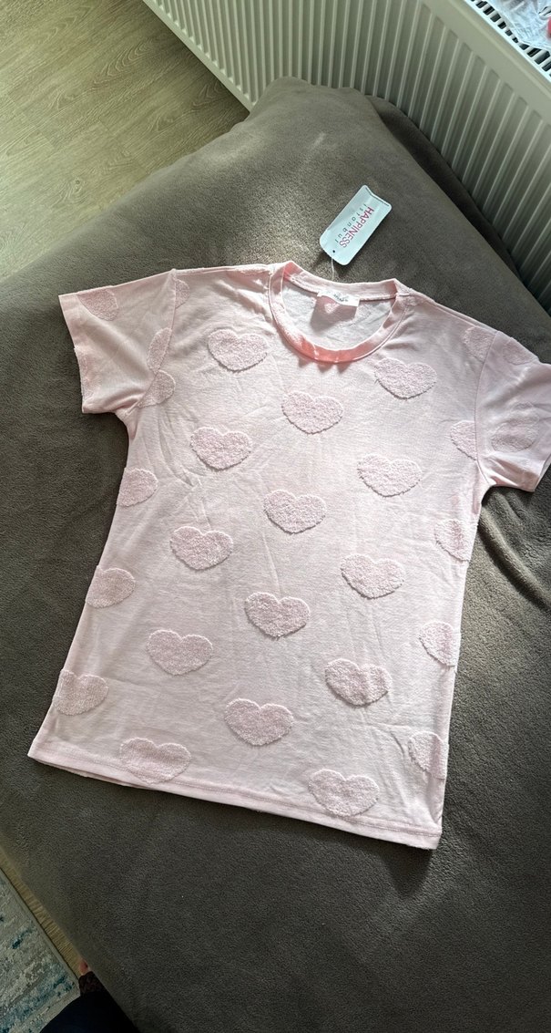 Kadın Toz Pembe ETİKETLİ Kalp Desenli Pijama Takımı - Görsel 2