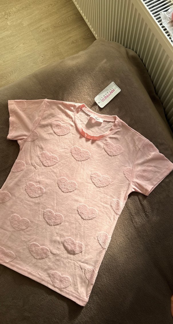 Kadın Toz Pembe ETİKETLİ Kalp Desenli Pijama Takımı - Görsel 5