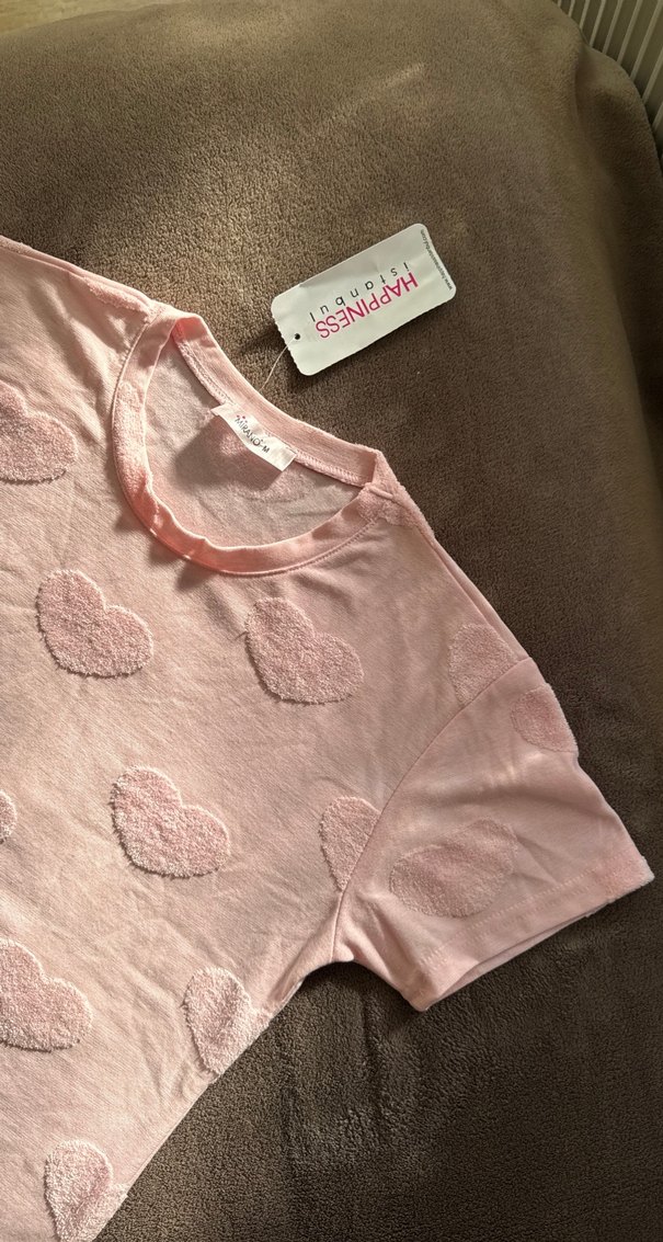 Kadın Toz Pembe ETİKETLİ Kalp Desenli Pijama Takımı - Görsel 4