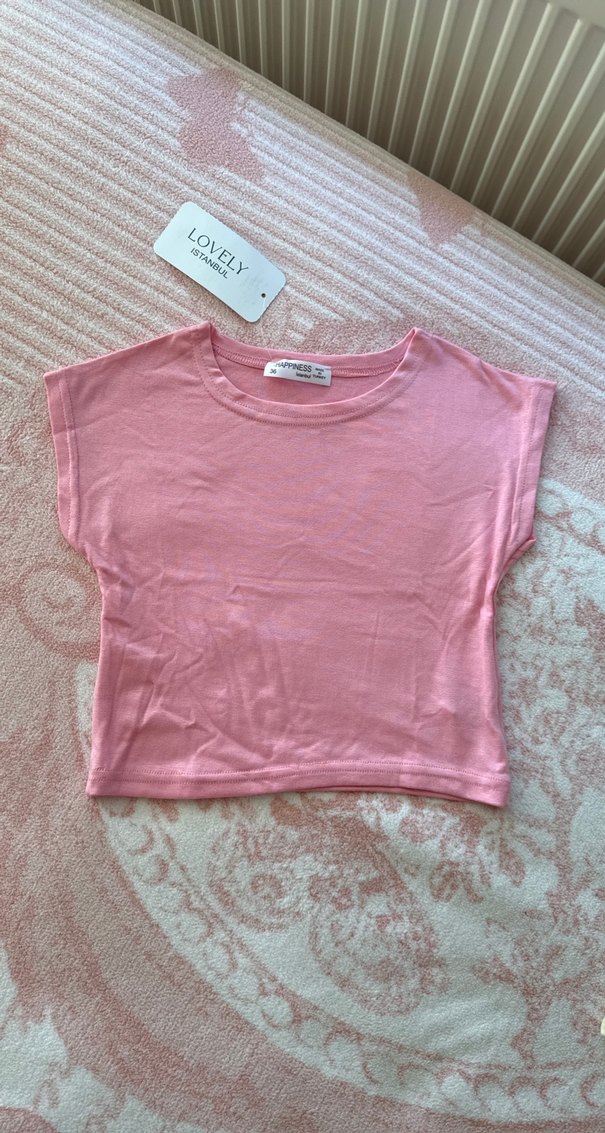 ETİKETLİ Pembe ve Tereyağ Sarısı Soft Touch Esnek Kumaş Crop - Görsel 2