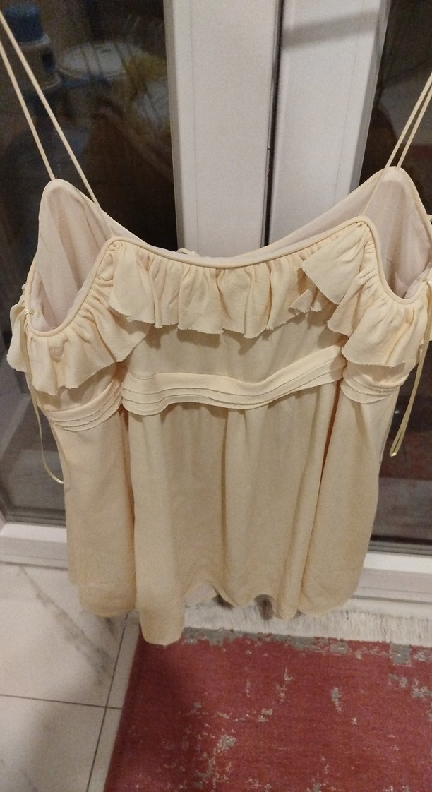 Bej Keten Volanlı elbise - Görsel 2