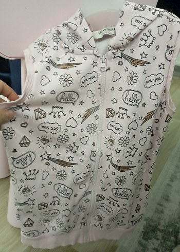 Kız Çocuk Kapüşonlu Baskılı Fermuarlı Yelek - Görsel 3