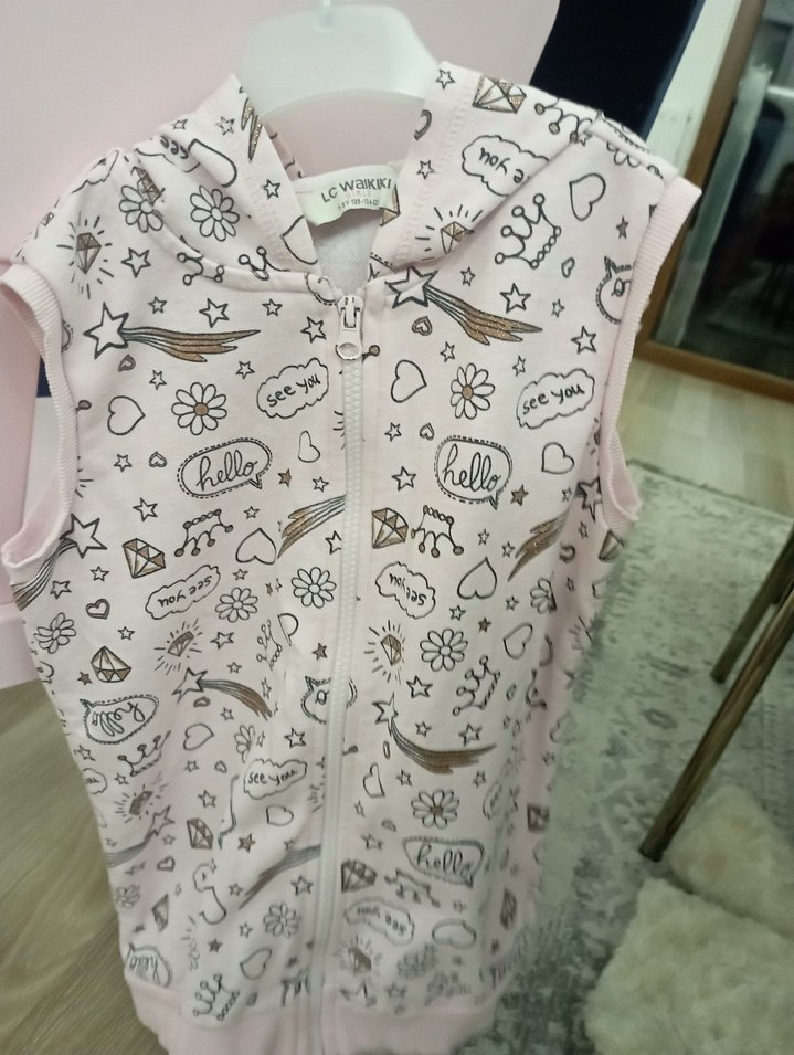 Kız Çocuk Kapüşonlu Baskılı Fermuarlı Yelek - Görsel 2