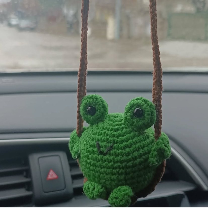 Yeşil Örgü Kurbağa Peluş Oyuncak- Dikiz aynası süsü - Görsel 2