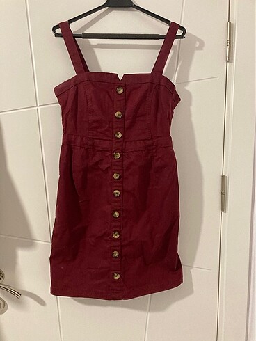Bordo gabardin düğme detaylı elbise