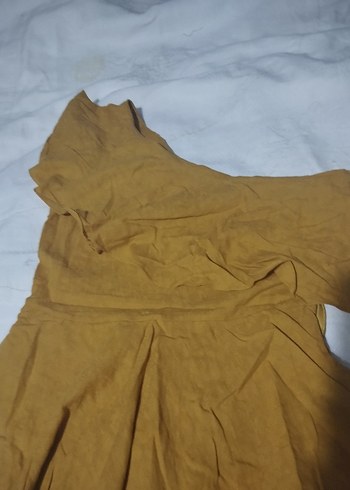40 Beden sarı Renk Sarı Keten Mini Volanlı Straplez Elbise k. 3