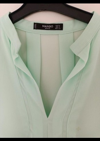 Mango Yeşil Transparan Keten V-Yaka Bluz