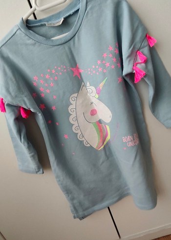 Püsküllü Unicorn Baskılı Kız Sweatshirt elbise - Görsel 4