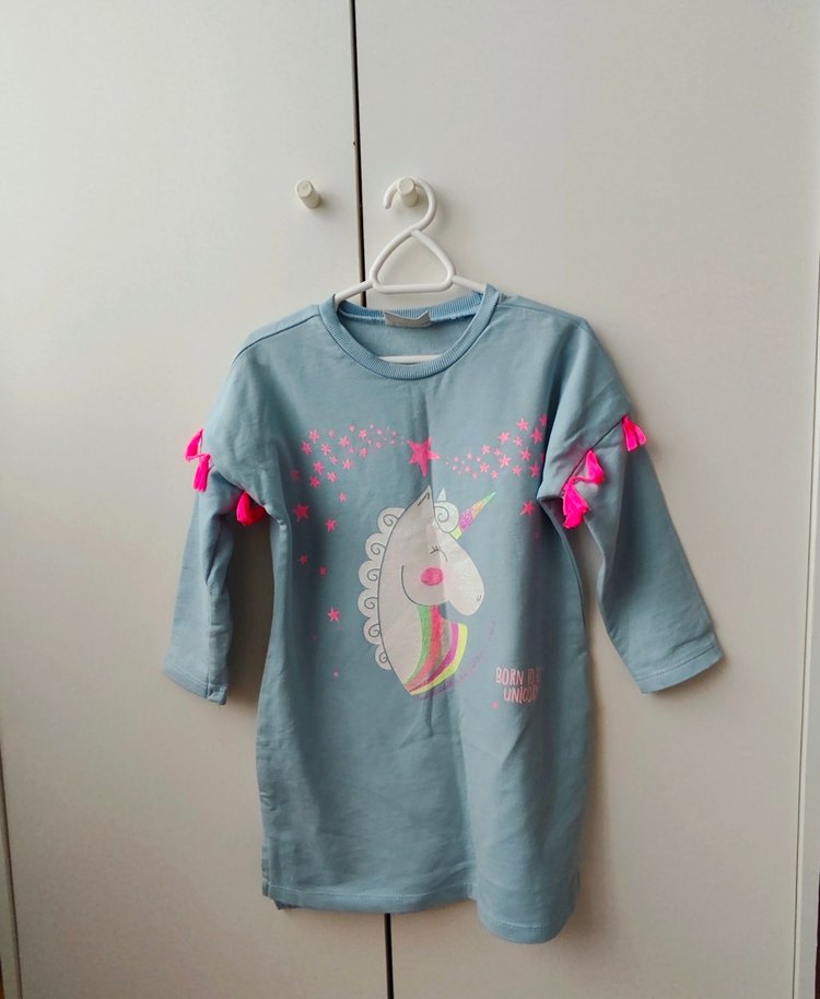 Püsküllü Unicorn Baskılı Kız Sweatshirt elbise - Görsel 3