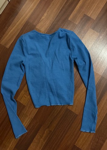 Diğer Mavi V Yaka Uzun Kollu Crop Top