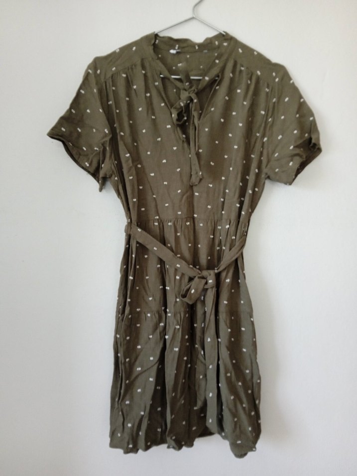 Kemerli Haki Midi Keten Elbise - Görsel 2