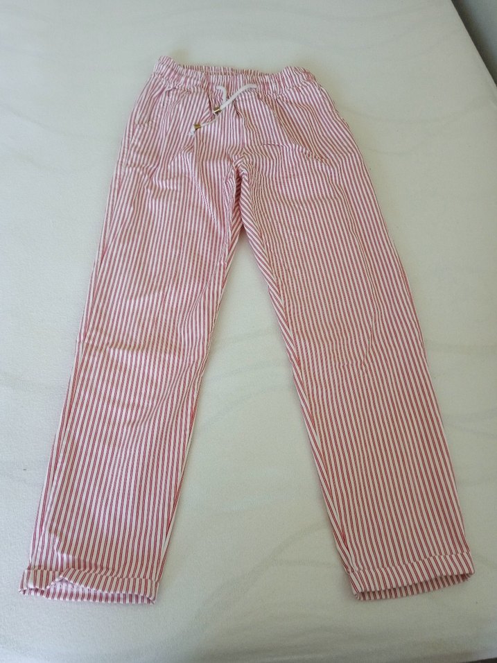 38 Beden Kadın Kırmızı Çizgili Pamuklu  Pantolon - Görsel 2