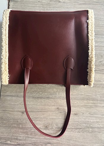 Bordo Süet Kadın Çanta, Kürklü Kenar Detaylı - Görsel 4