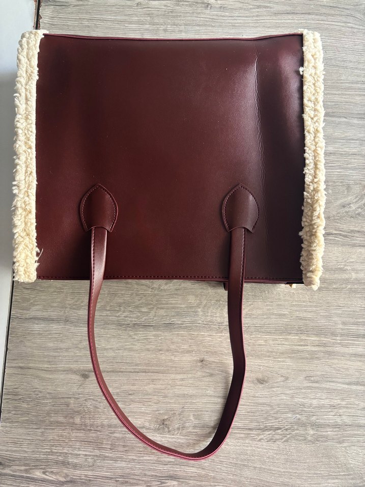 Bordo Süet Kadın Çanta, Kürklü Kenar Detaylı - Görsel 4