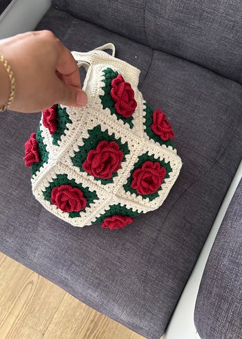 Çiçek Desenli Örgü Bohem Kadın Çantası - Görsel 3