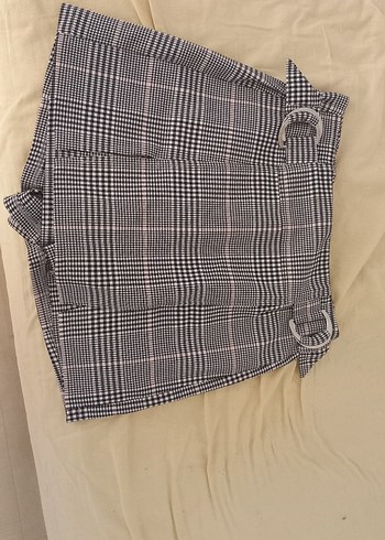 Kemer Detaylı Ekose Desenli Gri Etek
