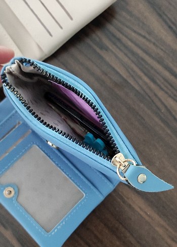 Deri Fermuarlı Kadın Cüzdan mavi ve krem - Görsel 3