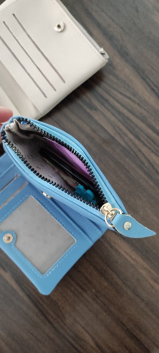 Deri Fermuarlı Kadın Cüzdan mavi ve krem - Görsel 3