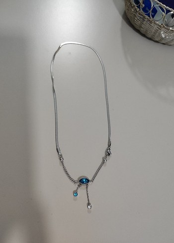 Mavi Taşlı Mini Zincir Detaylı çelik kolye - Görsel 2