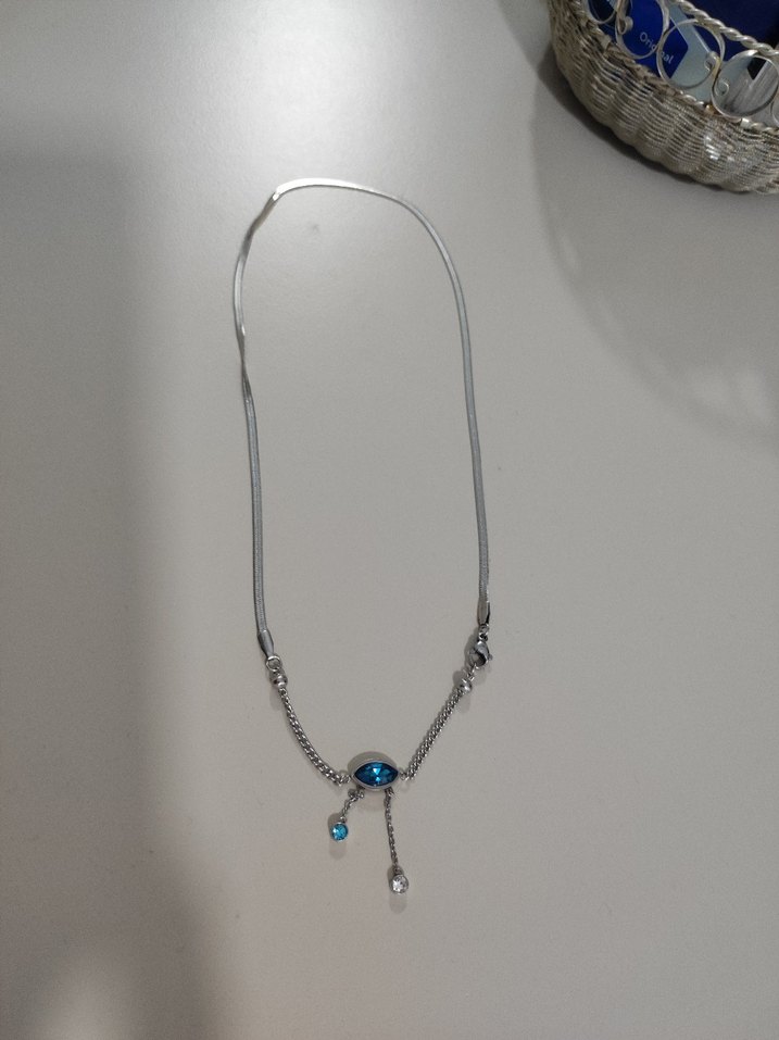 Mavi Taşlı Mini Zincir Detaylı çelik kolye - Görsel 2