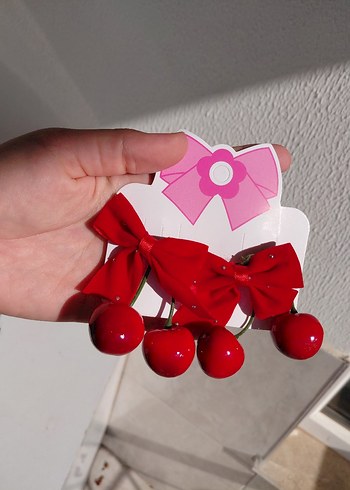 Kırmızı Fiyonk ve Kirazlı Çocuk Toka Seti - Görsel 2