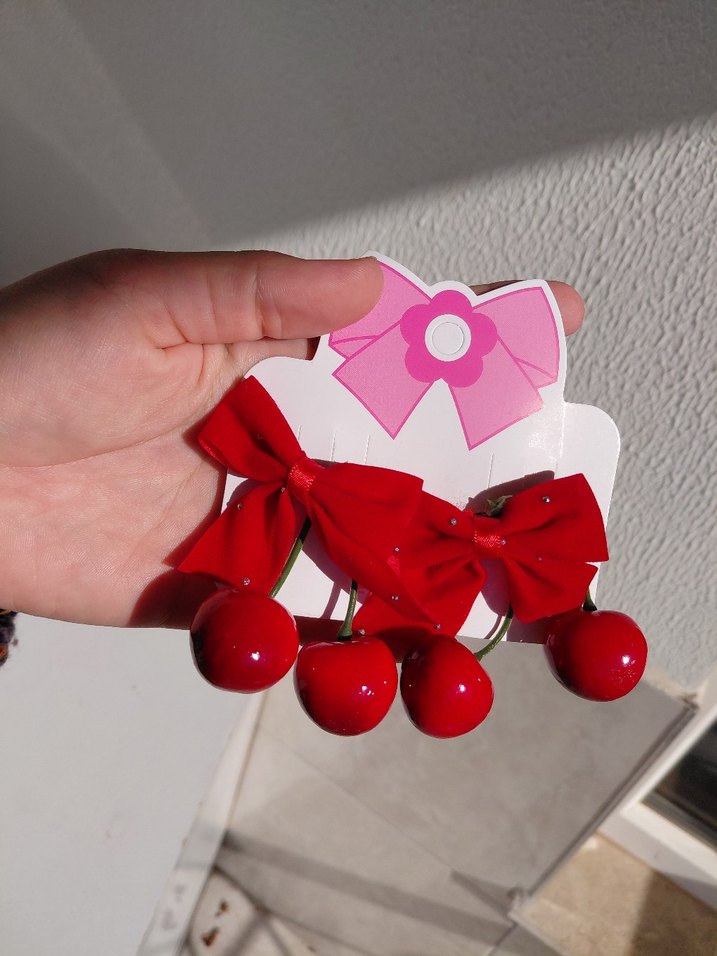 Kırmızı Fiyonk ve Kirazlı Çocuk Toka Seti - Görsel 2