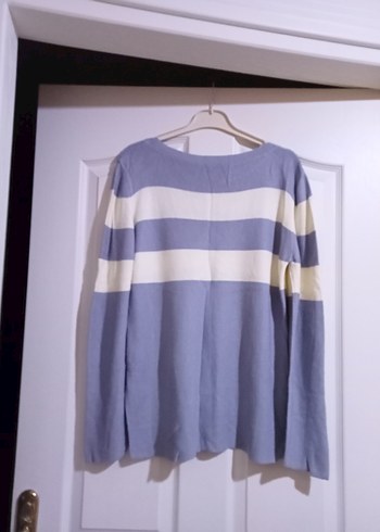 Mavi Beyaz Çizgili Pamuklu Kadın Kazak - Görsel 2