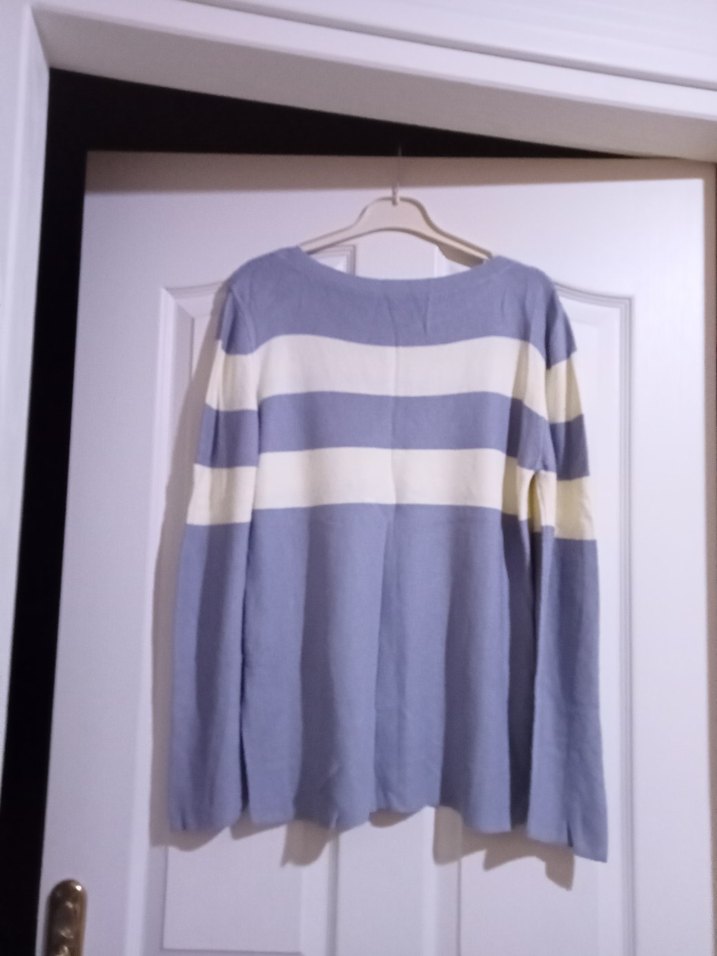 Mavi Beyaz Çizgili Pamuklu Kadın Kazak - Görsel 2