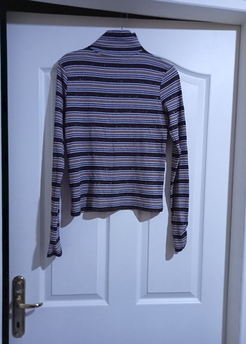 Çizgili Boğazlı Kahverengi Triko Kazak kadın - Görsel 2