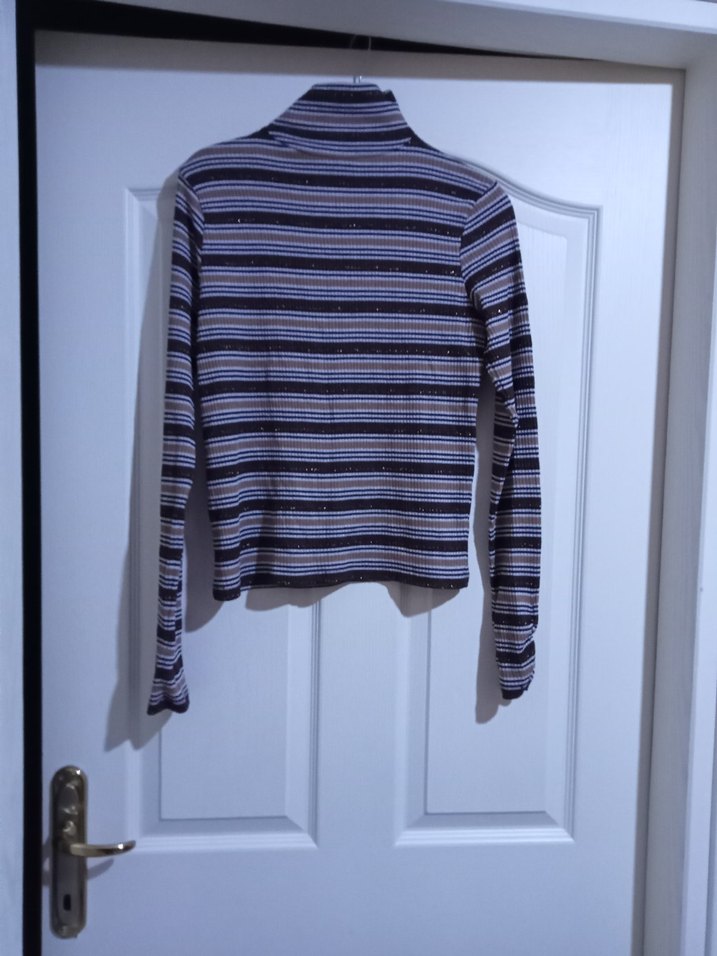 Çizgili Boğazlı Kahverengi Triko Kazak kadın - Görsel 2