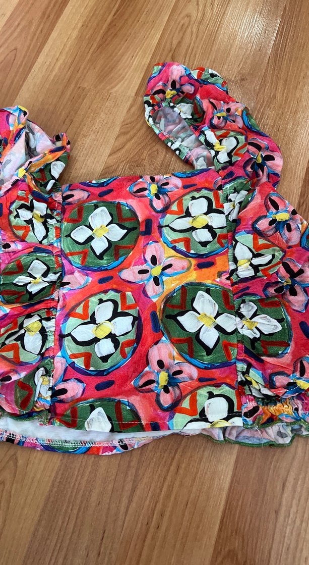 Kız çocuk Renkli  Mini Bluz keten crop - Görsel 3