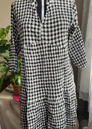 Zara Mini Pilili Gri Ekose Keten Elbise