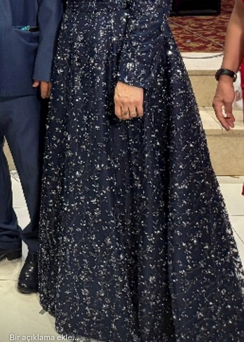 Uzun Kollu lacivert Desenli Kadın Abiye Elbise - Görsel 5